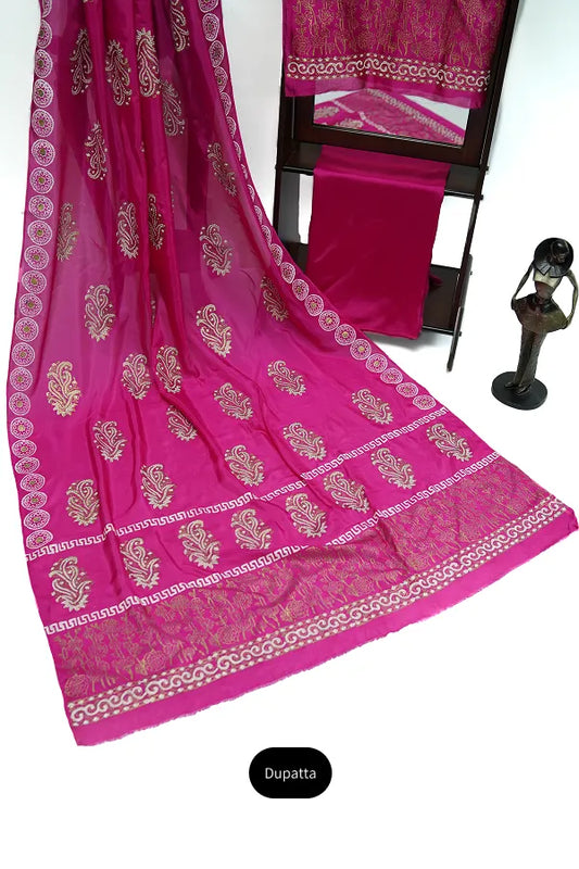 Shocking pink three-piece block printed tissue silk suit