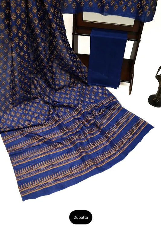 Deep royal blue three-piece block printed tussel silk suit