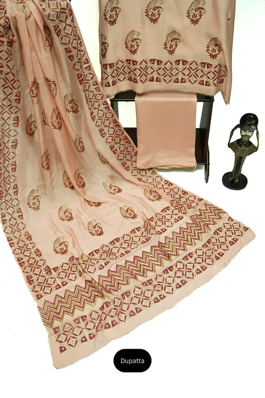 Pink-peach three-piece block printed pure cotton net suit