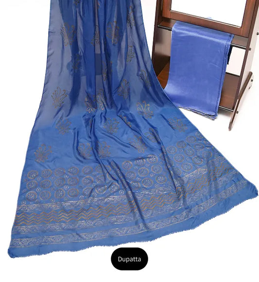 Grey-ish blue three-piece block printed pure cotton net suit