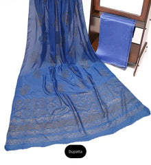 Grey-ish blue three-piece block printed pure cotton net suit
