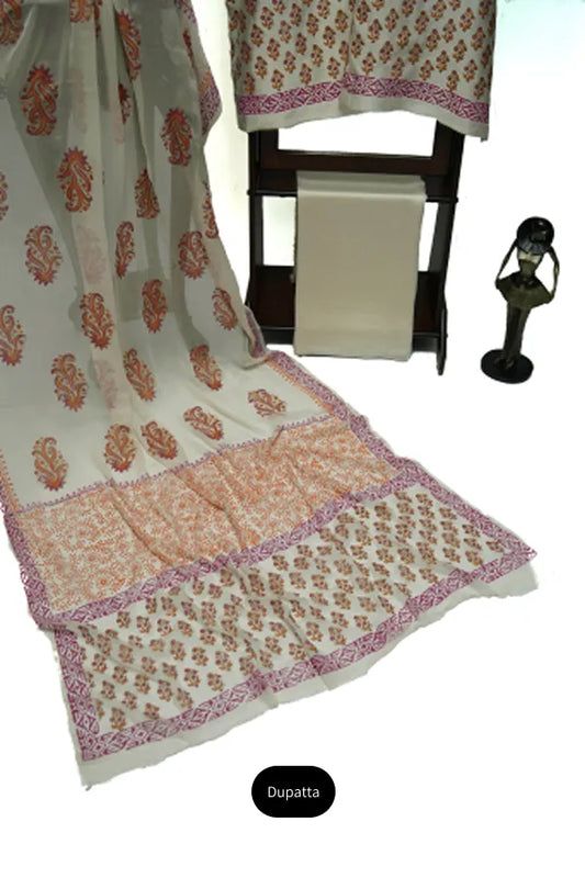 Ivory block printed three-piece tissue silk suit
