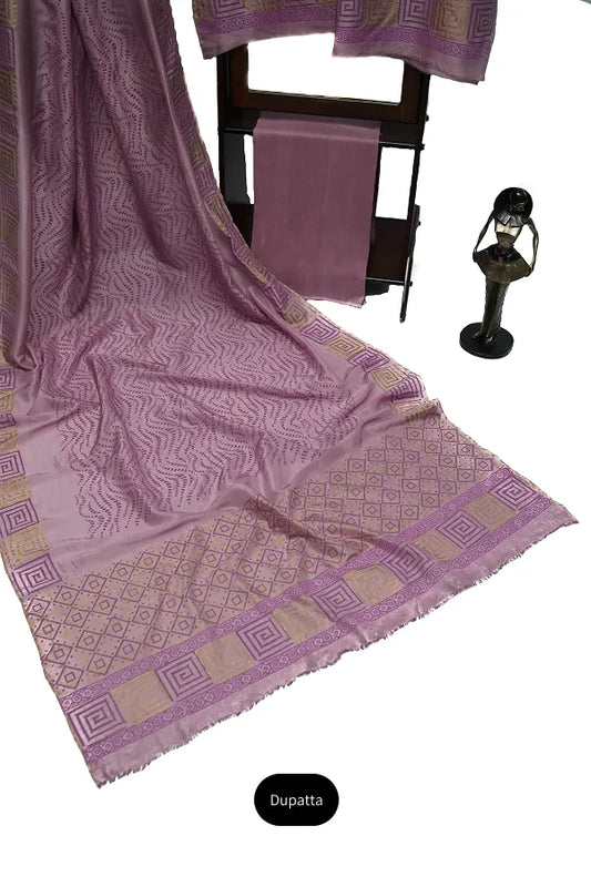 Light mauve three-piece block printed tussel silk suit