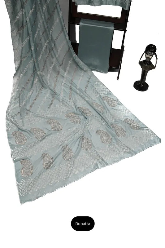 Ice blue block printed three-piece tissue silk suit