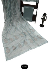 Ice blue block printed three-piece tissue silk suit