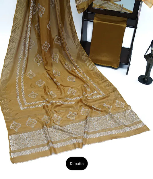 Mustard brown block printed three-piece tissue silk suit