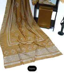 Mustard brown block printed three-piece tissue silk suit