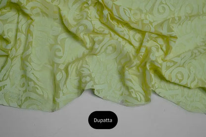 Pastel yellow three-piece block printed pure cotton net suit