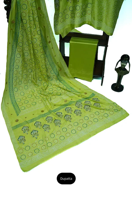 Lime green block printed three-piece tissue silk suit