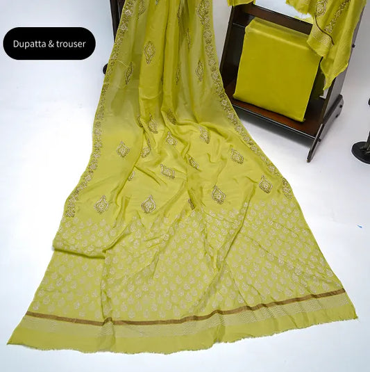 Lime yellow three-piece block printed pure cotton net suit