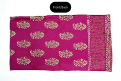 Shocking pink three-piece block printed tissue silk suit