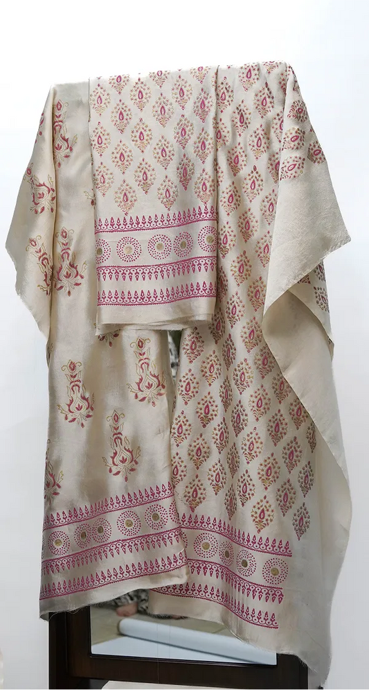 Beige three-piece block printed tissue silk suit
