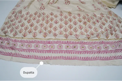 Beige three-piece block printed tissue silk suit